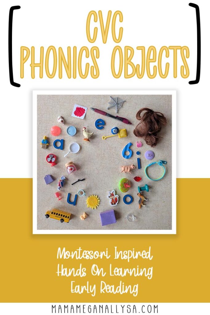 a graphic that reads CVC phonics objects Montessori Inspired Hands on Learning Early Reading Fun. In the center of the graphic is an image showing a variety of small objects arranged in a circle sorted by their short vowel sound.