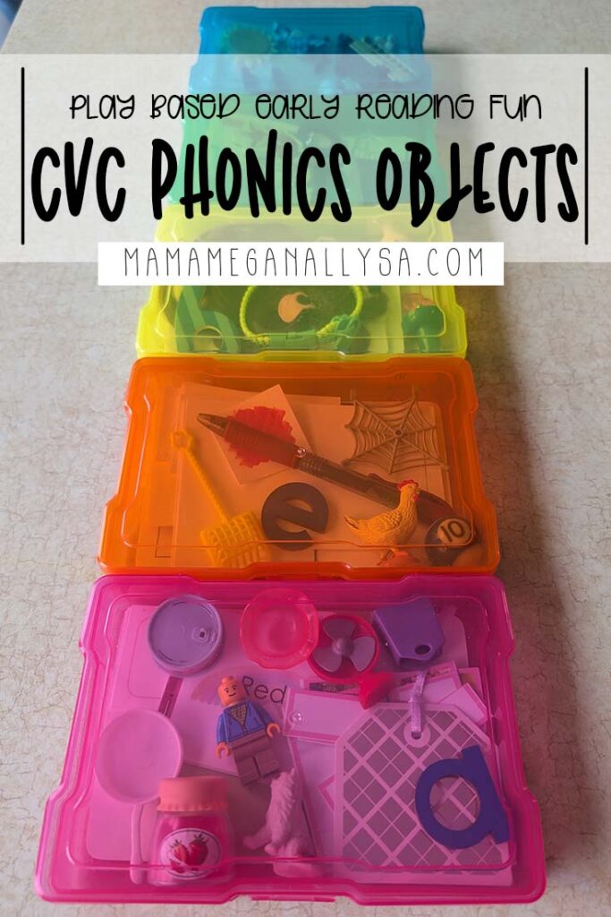 A graphic that reads play based early reading fun CVC phonics objects in a banner overlayed across the top. behind shows a line of brightly colored plastic photo organizers. you can see through the organizers to see small objects sorted by their short vowel sound