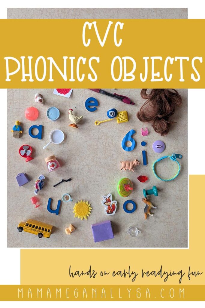 a graphic that reads CVC phonics objects in a block of yellow text. Below that is an image of a circle of small objects arranged by their short vowel sound.