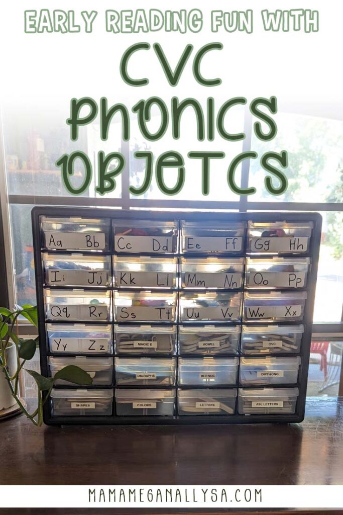 a graphic that reads early reading fun with CVC phonics objects in green text overlayed on an image of a multi drawer organizer backlit by a window. The drawers have alphabet labels 